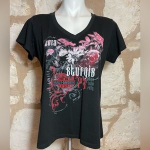 Harley-Davidson 2013 Sturgis V-Neck Top with Skull and Flower Designs.